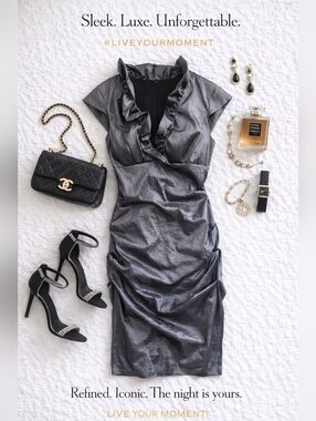 Stop & Notice Moment- SNATCHED Metallic Gray Ruffled V-Neck Women's Dress SZ 12